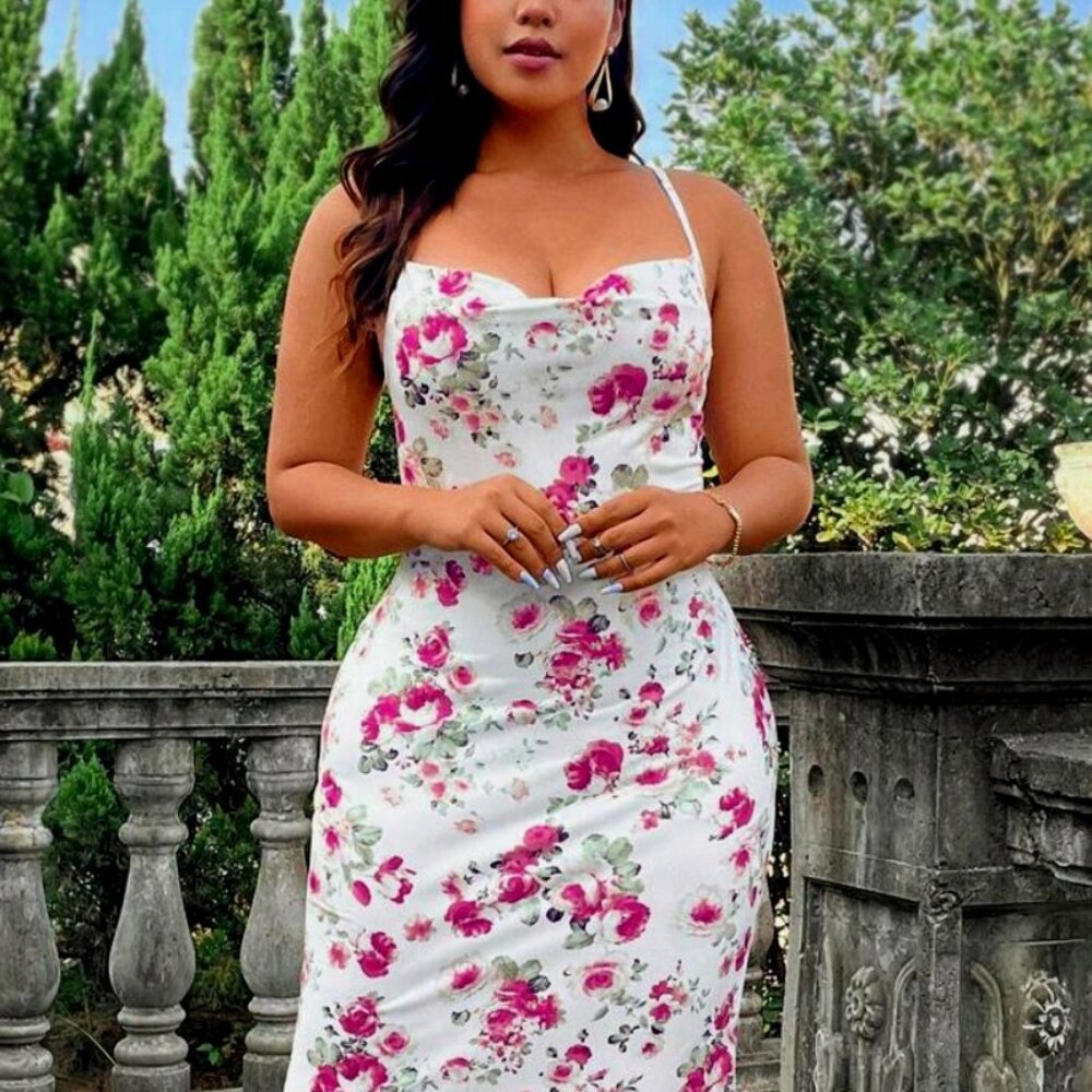 New w/o Tag | Floral Spaghetti-Strap Maxi Dress | White & Pink Spring Bouquet